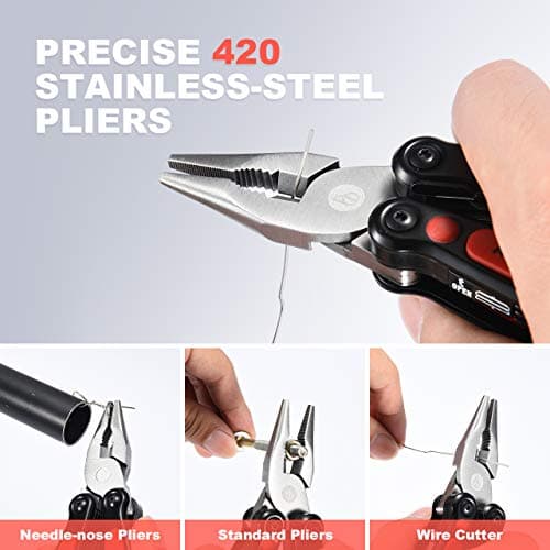 BIBURY Multitool, 14 in 1 Multitools Pliers with Can Opener, Scissors, Light, Pocket Size EDC Multi Tool with Nylon Pouch for Fishing, Outdoor Activities, Home Improvement, Camping - Red — view 2