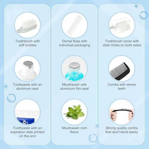 Lilingsty Travel Toothbrush Kit Bulk, Hygiene Kit Bulk with Toothbrush Toothpaste Set, Floss Picks, Comb, Travel Mouthwash, Toothbrush Cover, Individually Packaged, for Travel, Hotels (12-Pack) — view 5