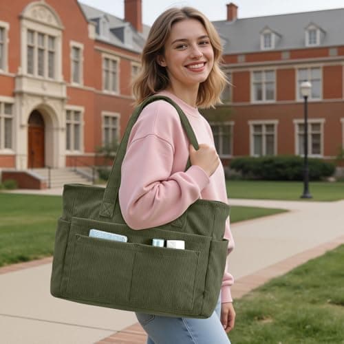 oscaurt Corduroy Tote Bags for Women 13 Pockets Handbag Large Teacher Nurse Work Bag Ladies Shoulder with Zipper for College Travel Shopping Daily Use — view 2