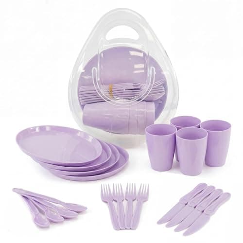 GEEZY 21 Piece Picnic Set - Reusable Purple Camping Dinner Set for 4 with Plates, Cups, Cutlery & Storage Box - Dishwasher Safe & Portable Outdoor BBQ, Party & Kids Tableware