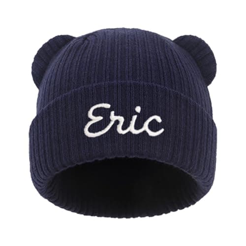 CHARMMYFASHION Personalizsed Baby Beanie Hats,Custom Toddler Baby Beanie Caps Leather Patch Name,100% Wool Acrylic,Infant Winter Warm Knitted Newborn Embroidered Hat,Personalized Baby Gifts(Navy)