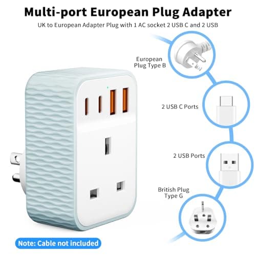 UK to US Plug Adaptor, 5 in 1 USA Travel Adapter with 2 USB A Ports & 2 USB C Ports(5V/3.4A), American to UK Plug Adapter, Plug Adapter from UK to USA for US Canada Mexico Colombia Thailand(Type B) — view 3