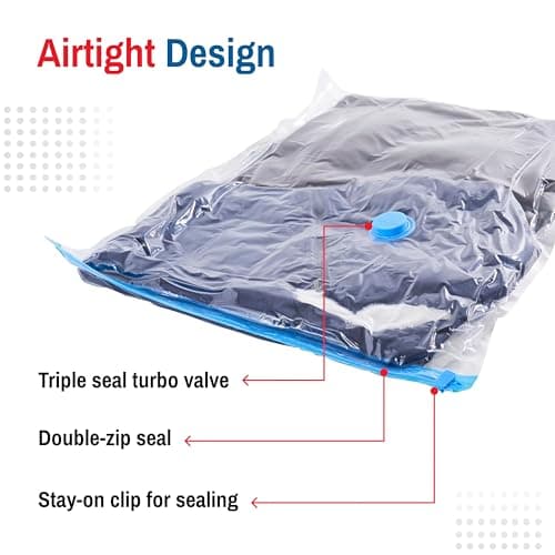 Spacesaver Vacuum Storage Bags - Works With Any Vacuum Cleaner - Hand-Pump for Travel - Double-Zip Seal and Triple Seal Turbo-Valve for Maximum Compression - 80 Percent More Storage Space (5 Pack) — view 5