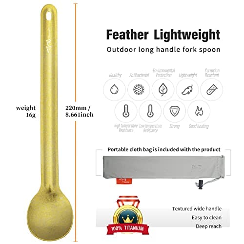 TiTo Titanium Long Handle Spork and Spoon Eco-Friendly Ultralight Portabale Flatware for Outdoor Camping Backpacking Hiking Travel Picnic Tableware with Bag(Gold Spoon) — view 2