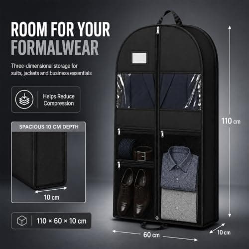 Garment Bag for Travel, 110 x 60 x 10 cm Foldable Suit Bag with Handles, 3 Zipper Mesh Pockets and Clear Window, Suit Carrier for Men and Women, Business Trips and Weddings, Black 1 Pack — view 2