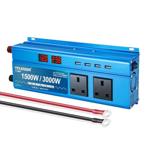 Yinleader Pure Sine Wave Power Inverter 1500W /3000W DC 12v to 240v to AC Voltage Converter With Dual UK Sokets 4 USB Ports LED Voltage Display for Car Camping Caravan Travel