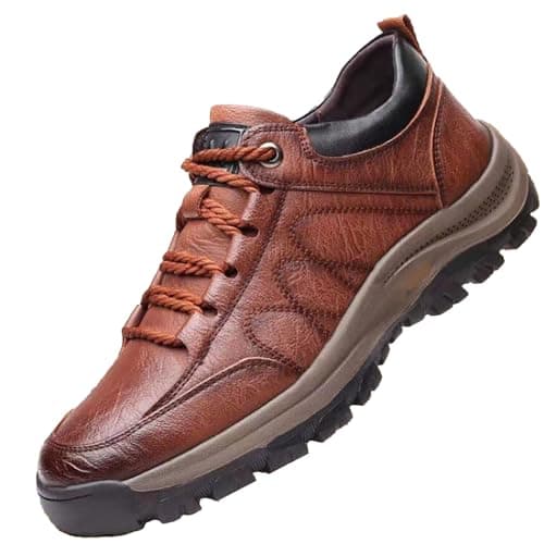 Leather Walking Shoes Men Lace Up Hiking Trainers Non-Slip Trekking Sneakers Wide Fit Mountain Trainers Low Rise Camping Sneakers Waterproof Backpacking Climbing Shoes Footwear Outdoor Coffee