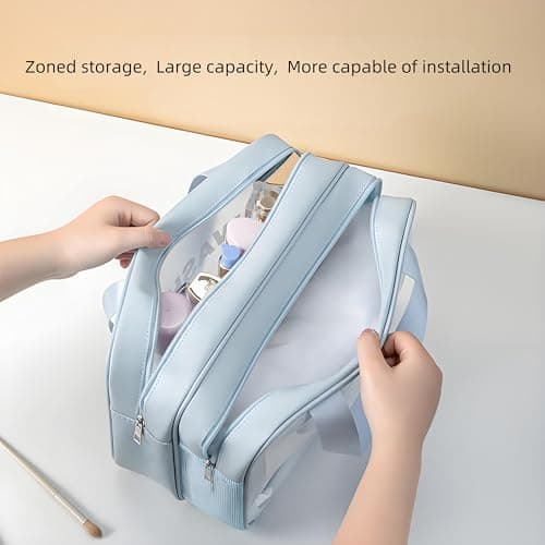 FoxCyllene Clear Waterproof Toiletry Bag, Large Capacity Travel Wash Bag with Dual Handles, PVC Cosmetic Organiser with Dry-Wet Separation (Blue, L) — view 2