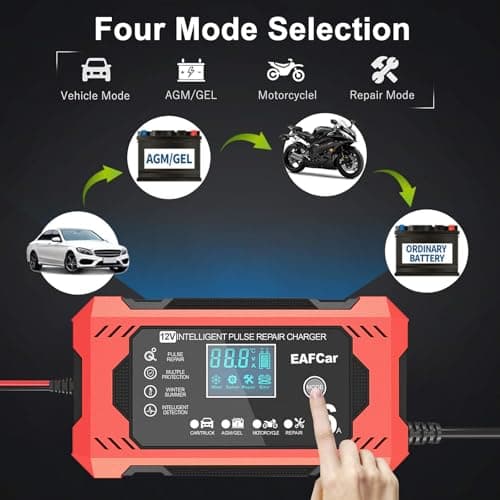 EAFCar 6Amp Car Battery Charger, 12V Smart Trickle Charger and Maintainer, LCD Screen Maintainer/Pulse Repair Activation Pack for Car, Motorcycle, Lead Acid Batteries & AGM. (6A) — view 5