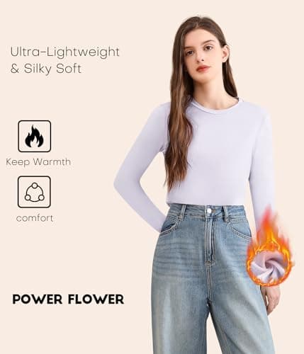 POWER FLOWER Women’s Lightweight Thermal Base Layer – Long Sleeve Round-Neck Silky Thermal Undershirt (S-M, LY140-Light Lavender) — view 2