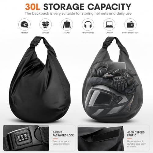 Esoes 30L Lockable Motorcycle Helmet Bag 420D Oxford with Combination Lock — view 5
