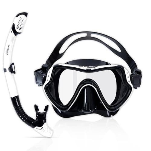 Two Bare Feet Dry Top Snorkel and Silicone Mask Set – Anti-Fog Wide View Tempered Glass Lens with Adjustable Silicone Straps – Leak-Proof Snorkelling Gear for Adults & Teens, Swimming & Diving