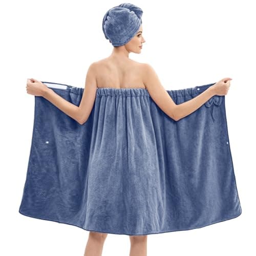 Women's Bath Towel Wrap with Hair Towel, Adjustable Soft Microfiber – Blue