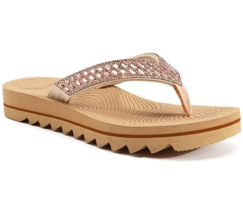 KuaiLu Womens Orthotic Flip Flops with Arch Support Yoga Mat Cushion Fashion Rhinestone Sandals Summer Walking Beach Travel Thong Slides Comfy Plantar Fasciitis Indoor Outdoor Sandles Beige 7