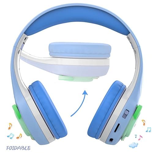 Riwbox Kids Bluetooth Headphones, CB-7S LED Light Up Bluetooth Wireless Headphones with Mic and Safe Volume Control for Travel/School/Laptop/PC/TV (Blue&Grey) — view 2