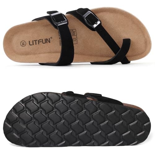Litfun Women's Suede Cork Footbed Sandals with Adjustable Buckle Black 39 — view 6