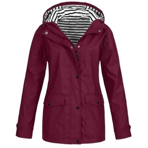Oversized Rain Women Zip Up Casual Lightweight Windbreaker Long Sleeve Coat Travel Leather Jacket (Wine, Xxl) Packable Ladies Jackets And Coats Size 20-22 Raincoat Waterproof Womens Hiking For