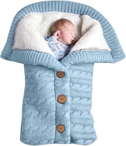 Baby Blankets Soft Fleece Knitted Baby Blanket For Newborn Foot Warmers Fleece Lined Cosy Toes Sheepskin Pram Fluffy Pram Insert- Ideal for Cot Bed, Travel, Car Seat, Pram, (Light Blue)-KongWLing
