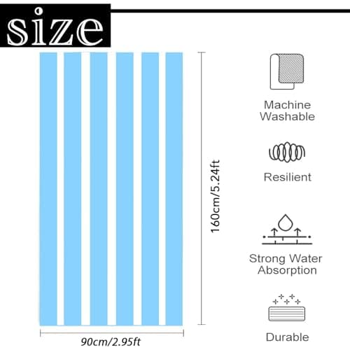Large Quick Dry Microfibre Beach Bath Towel,Double Sides Light Blue White Striped Sand Free Beach Towel with Bag,Lightweight Gym Yoga Sports Towel,Compact Travel Summer Beach Towel for Women Men — view 2