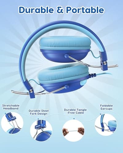 awatrue Kids Headphones, HK05 Wired Headphones for Kids with 74/85db Volume Limited, HD Sound, Sturdy Design & Super Light-135g, Over Ear earphones for iPad/Boys/Travel/School/Tablet (Blue) — view 5