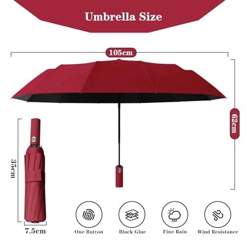 FANSEZQ ANSEZQ Windproof Travel Umbrella - Automatic Open Close, 24 Ribs Heavy Duty Compact Folding Umbrella, UV Protection Rain Umbrella for Men and Women (burgundy) — view 3