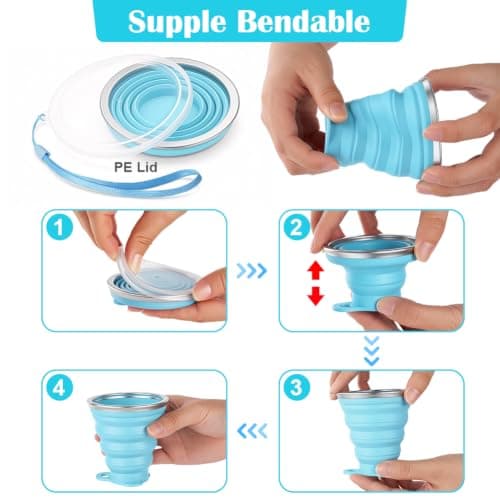 AUAUY Silicone Foldable Cups, 2 Pack 190ml Travel Camping Mug with Lid — view 5