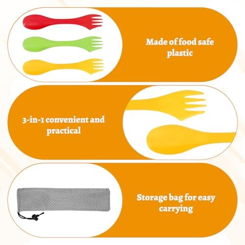 Watlikeup 3pcs Sporks Plastic 3-in-1 Camping Cutlery Set, Portable Camping Spork, Spoon Fork with Carry Pouch for Backpacking Hiking Outdoors, Travel (3 Pack, Multiple Colors) — view 3