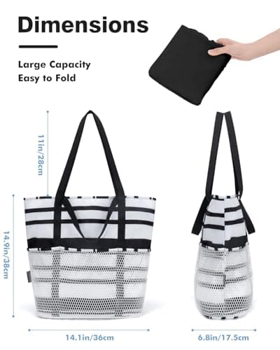 Beach Bag with Zip and Pockets Small Beach Tote Bags for Women, Stripes — view 4