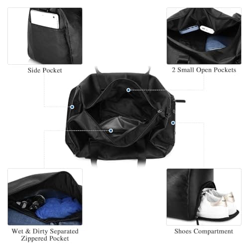 UBAYMAX Mens Black Leather Sports Duffle Gym Bag with Shoes Compartment and Wet Pocket, 37L Waterproof PU Leather Weekend Travel Overnight Bag for Men Holdall Bag Carry on for Basketball Swim Dance — view 3