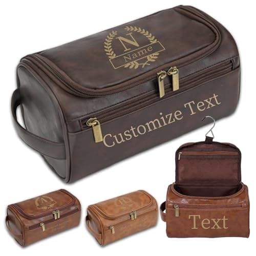 Personalised Men Toiletry Bag, Custom Engraved Travel Dopp Kit with Name Initials, Valentines Gift, Groomsmen & Best Man Gift, Father's Day, Wedding, Birthday Present for Husband, Coffee Brown