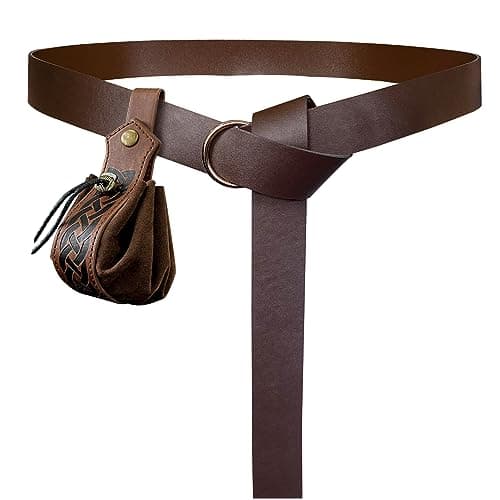 HiiFeuer Medieval O Ring Belt with Retro Nordic Drawstring Pouch, Renaissance Faux Leather Belt and Purse Set for LARP (Brown C)