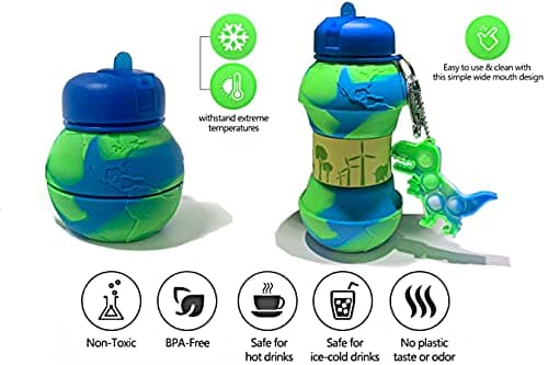 CARESWAY Kids Water Bottle with Keyring – 500 ml Girls and Boys Drinking Bottle For School - Leakproof Collapsible Reusable BPA Free for Children Drinks – Earth Globe — view 2