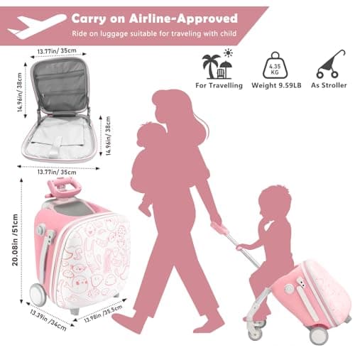 AODI Kids Ride-on Luggage with Seat, 20 inch Carry On Suitcase, 2-in-1 Children's Luggage & Baby Stroller with Shockproof Silent Wheels and Guardrail for Airplane — view 2