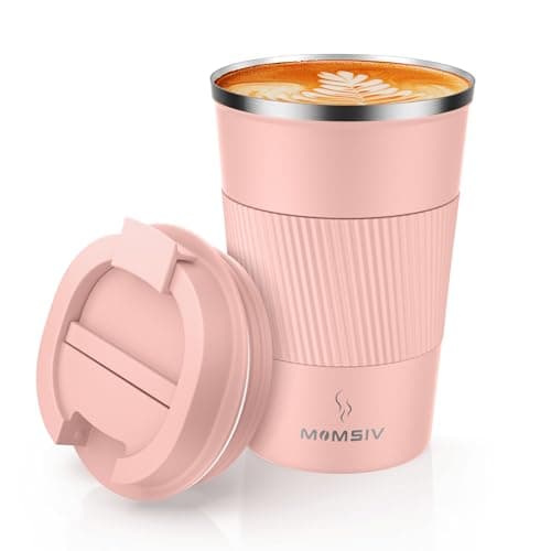 MOMSIV Coffee Cup, Insulated Coffee Cup with Leakproof Lid, Non-Slip Vacuum Reusable Stainless Steel Eco-Friendly Travel Office Mug for Hot and Cold Water Coffee and Tea, 380ml/13oz(Pink)