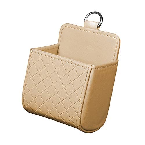 Car Storage Box, Universal Car Air Vent Organiser, Multifunctional Mount Outlet Storage Box, Hanging PU Leather Container Bag for Pen, Phone, Keys, Dark Beige