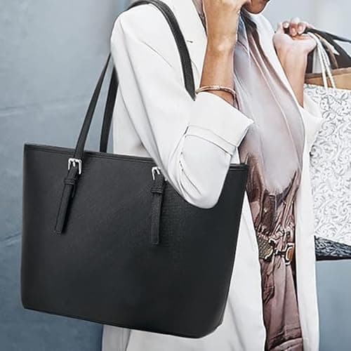 AOSSTA Women's Large Faux Leather Shoulder Tote Bag with Zip (BLACK) — view 3