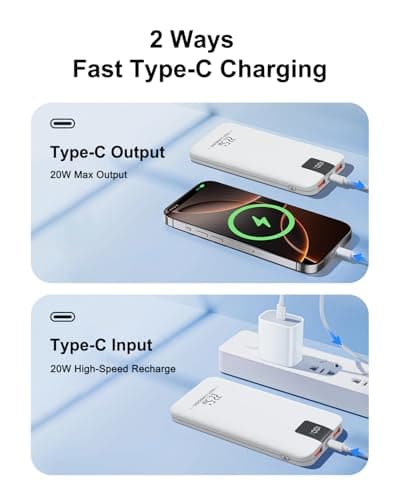 Odetrik Portable Charger 10000mAh 22.5W Power Bank, Fast Charging External Battery Pack with 3 Outputs & 2 Input, Type-C In/Out, LCD Display Slim Portable Phone Charger for Smartphone, Tablets (White) — view 4