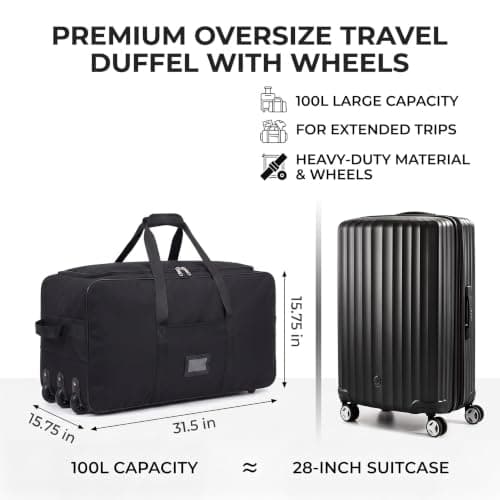 seyfocnia Rolling Duffle Bag with Wheels, Large Foldable Wheeled Travel Duffle Bag for Men Women, Waterproof Travel Luggage Bag Carry on Duffel Bag for Travel Gym Camping Moving Weekend, Black — view 3