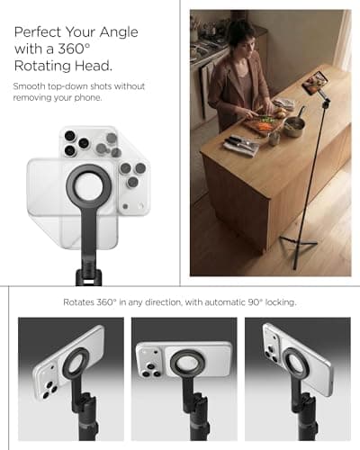 Spigen S582W MagFit Plus MagSafe 66" Extendable Tripod Selfie Stick for iPhone, 360° Rotating Head Bluetooth 5.0 Remote, One Push Opening Magnetic Phone Stand, Universal metal ring included - Black — view 5