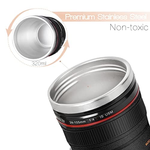 Splend Camera Lens Coffee Cup and Travel Mug, Double Wall Insulation Reusable Coffee Mugs, Food Grade Stainless Steel Coffee Mug Drink Flask Water Bottle Camera Lens Cup, 320 Milliliter Balck — view 4