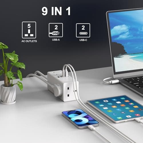 AMOI Extension Lead With USB Slots, USB Extension Cable,Tower Extension Lead, 5 Way Plug Adapter with USB,1.5m extension lead surge protected extension lead with 4 USB Ports (5V/3.4A) — view 2
