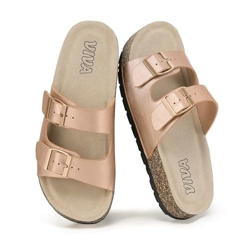 VIVASHOES Women’s Double Buckle Cork Footbed Sandals - Adjustable Flat Slide Sandals for Ladies - Comfortable Open Toe Summer Slippers - Rose Metallic UK 6