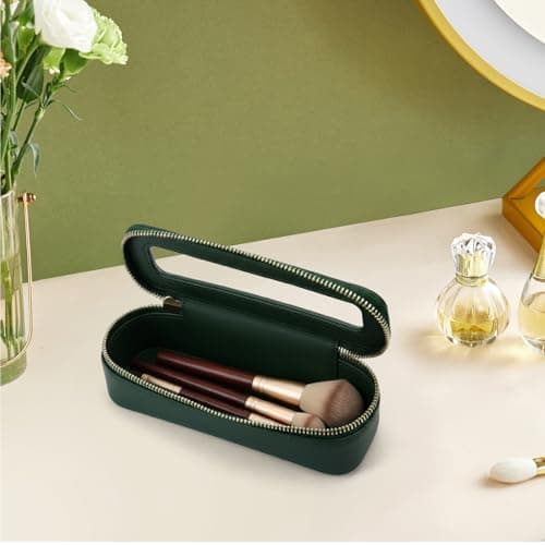 Portable Makeup Brush Bag Waterproof Leather Clear Cosmetic Case, Silm Toiletry Organizer for Brushes & Essentials (Green, 7.5x2.4x2.4 Inch) — view 3