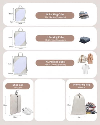 MOLICRAIN Compression Packing Cubes for Suitcase, 5 PCS Ultralight Travel Organiser Packing Bags, Extensible Luggage Organiser, Suitcase Organizer, Packing Cubes for Cabin Luggage(Beige) — view 3