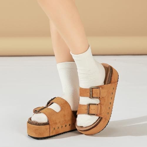 Women's Platform Sandals Cork Footbed Adjustable Double Buckle Slides — view 3