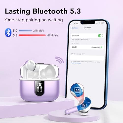 IKT Ear Buds Wireless Earbuds, 50Hrs Playtime Bluetooth Earphones, Bluetooth Headphones 5.3, In Ear with 4 ENC Call Noise Cancelling Mics, Bass Boost 85%, Mini Earbuds IPX7 Waterproof, USB-C(Purple) — view 5