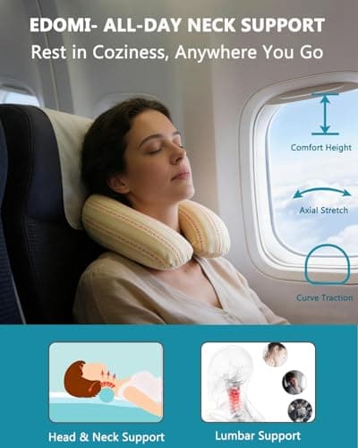 Edomi Buckwheat U Shaped Neck Pillow - 12''x12'' Adjustable Cervical Support Pillow with Breathable Buckwheat Hulls, Removable Cotton Cover, Ideal for Airplane, Office or Home Use (Khaki) — view 4