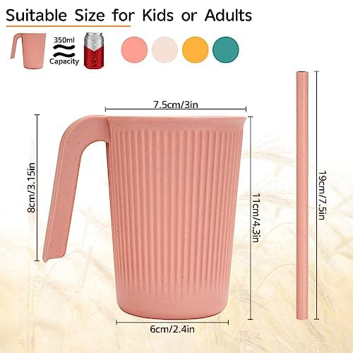 Unbreakable Drinking Cups, 350 ML Plastic Drinking Cups Reusable Cup for Kids Adults, 4 PCS Coffee Mugs with Handle, 4 PCS Straws, Hot or Cold Water Milk Tea Tumblers, Dishwasher and Microwave Safe — view 2