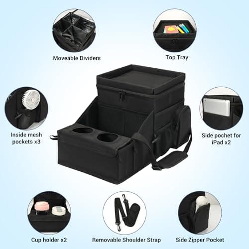 INFANZIA Car Seat Organizer, Backseat Van Organizer with Cup Holders for Car Front Passenger and Back Seat, Carseat Storages with Cooler Compartment for Kids and Adults for Toy, Snacks (Black) — view 3