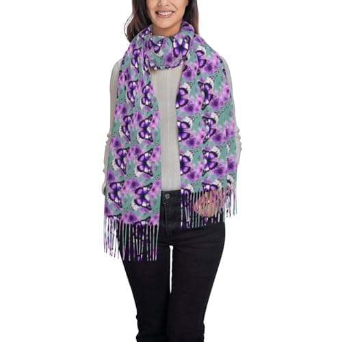 Purple Butterfly Print Elegant Fringe Scarf Shawl Wrap For Women Winter Fall Spring Travel Accessory Gift